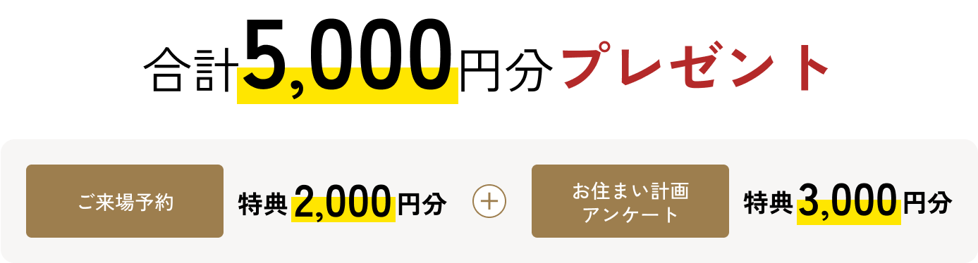 来場予約得点2,000円分＋お住まい計画アンケート3,000円分合計5,000円分